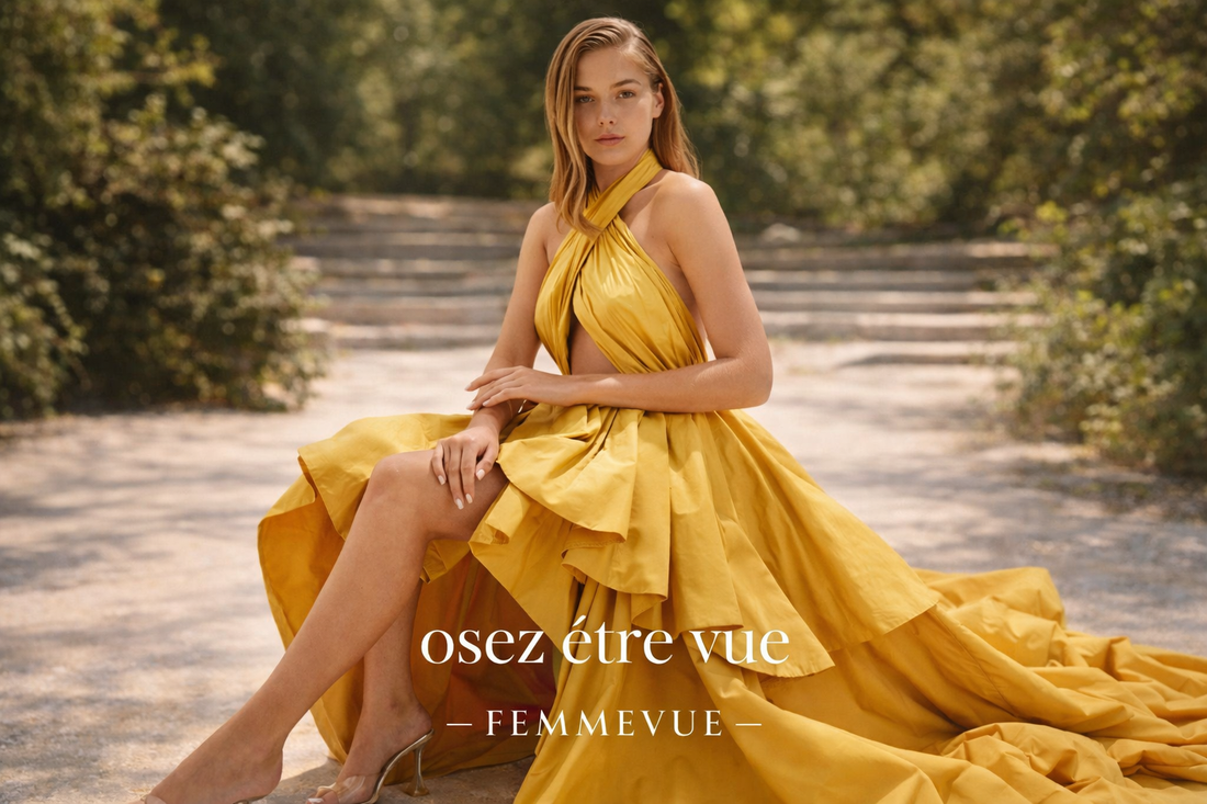 Femme élégante portant une robe de soirée tendance 2026 de la collection FemmeVue Éclat Moderne