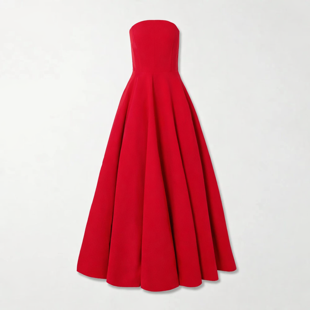 Robe de soirée longue rouge bustier sans bretelles, coupe princesse avec jupe évasée volumineuse, robe élégante pour cérémonie, mariage, gala ou événement formel, robe rouge femme haute qualité