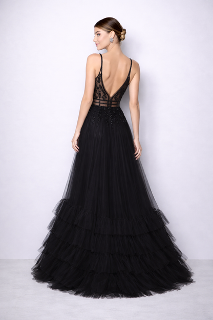 Robe de soirée noire couture en tulle brodé FemmeVue