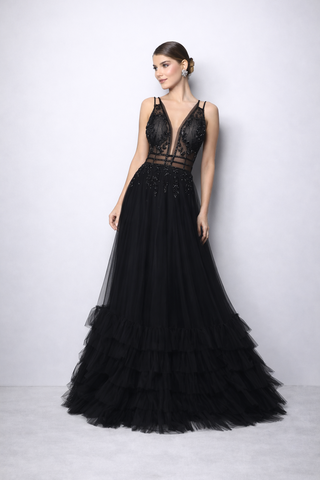 Robe de soirée noire couture en tulle brodé FemmeVue