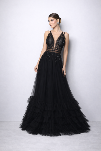 Robe de soirée noire couture en tulle brodé FemmeVue