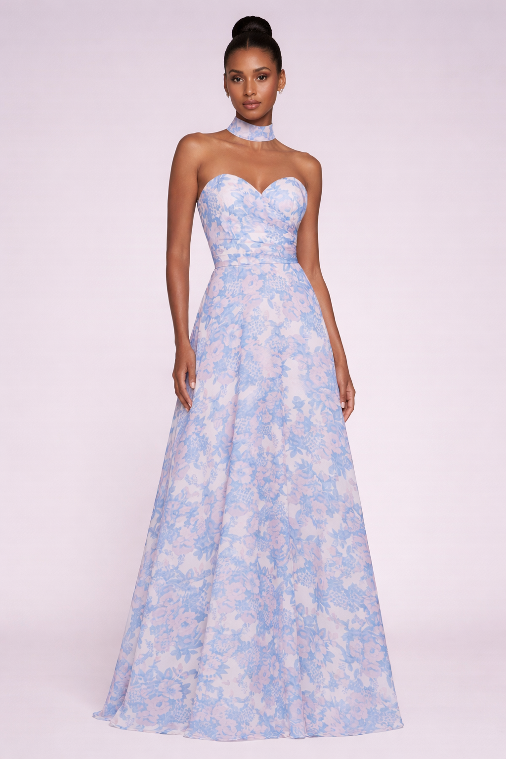 
Robe drapée florale FemmeVue bleu ciel, robe longue élégante à drapé couture
