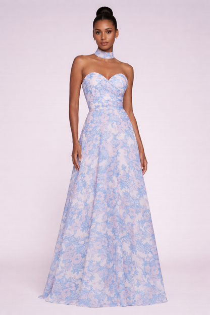 
Robe drapée florale FemmeVue bleu ciel, robe longue élégante à drapé couture
