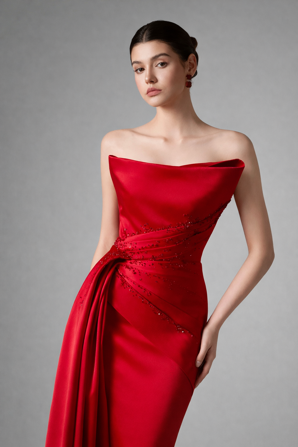 Robe de soirée sirène en satin rouge FemmeVue, coupe élégante avec drapé et dos structuré
